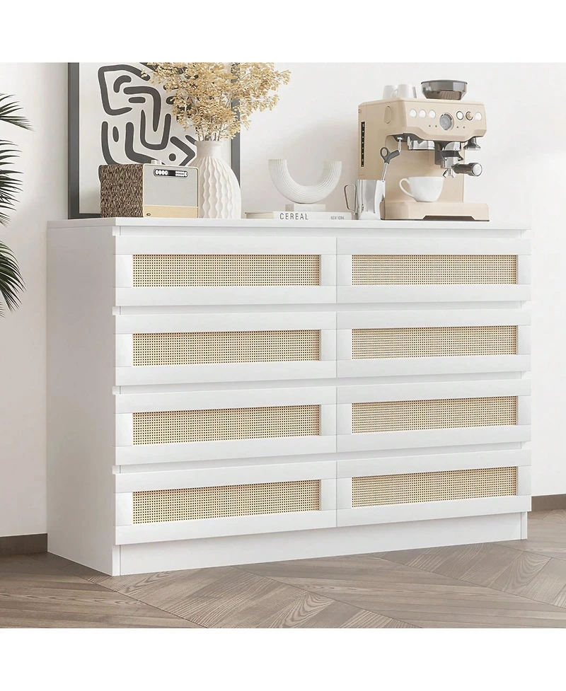 8 Drawer Double Dresser For Bedroom, Rattan Chest Of Dressers, Modern Wooden Dresser Chest