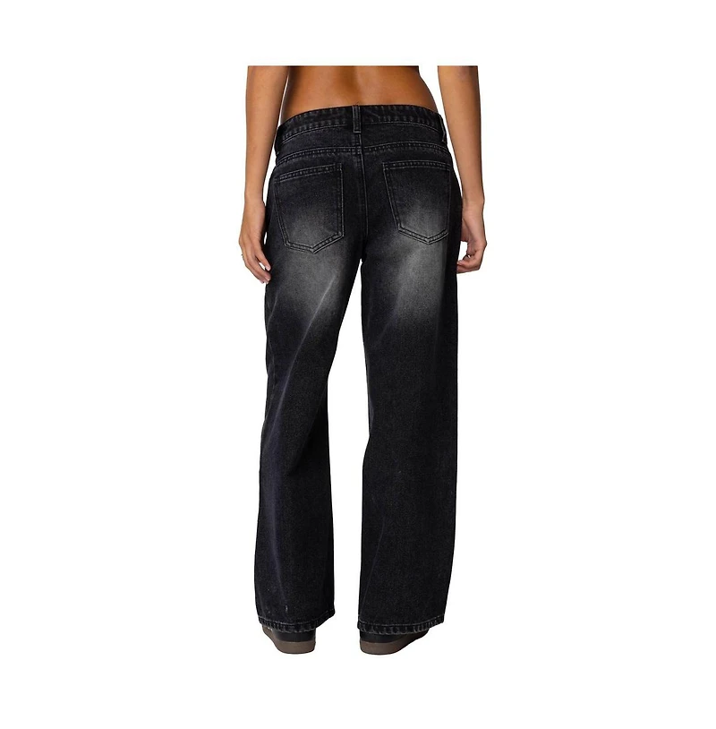 Edikted Womens Petite Magda Low Rise Acid Wash Jeans