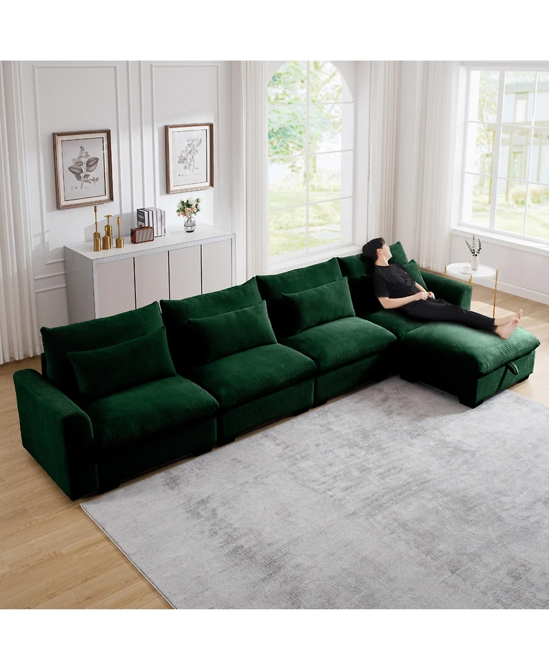 Streamdale Furniture Large L Shape Sectional Corduroy Sofa,Deep Seat Couch with Storage Footstool and 4 Waist Pillows, Green