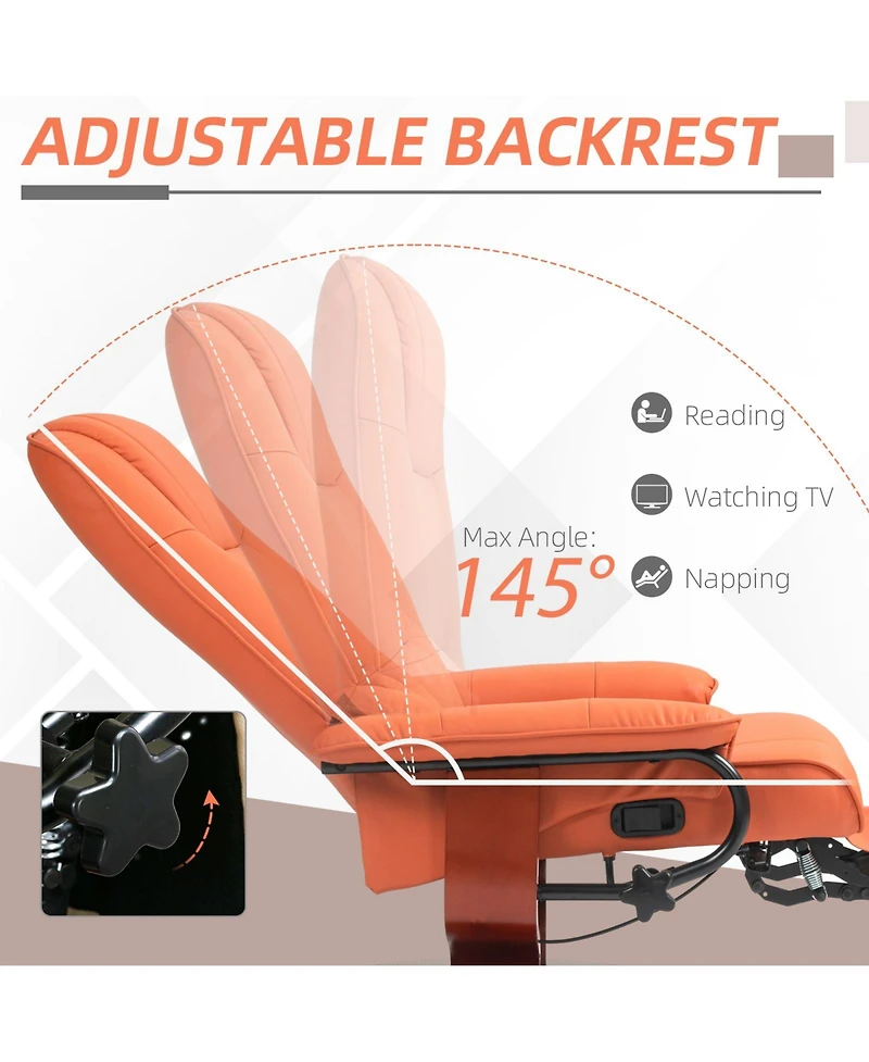 Faux Leather Manual Recliner, Adjustable Swivel Lounge Chair with Footrest, Armrest and Wrapped Wood Base for Living Room, Orange