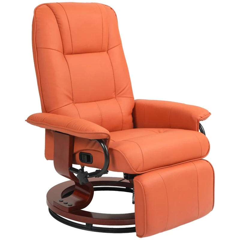 Faux Leather Manual Recliner, Adjustable Swivel Lounge Chair with Footrest, Armrest and Wrapped Wood Base for Living Room, Orange