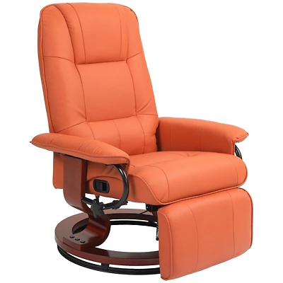 Faux Leather Manual Recliner, Adjustable Swivel Lounge Chair with Footrest, Armrest and Wrapped Wood Base for Living Room, Orange