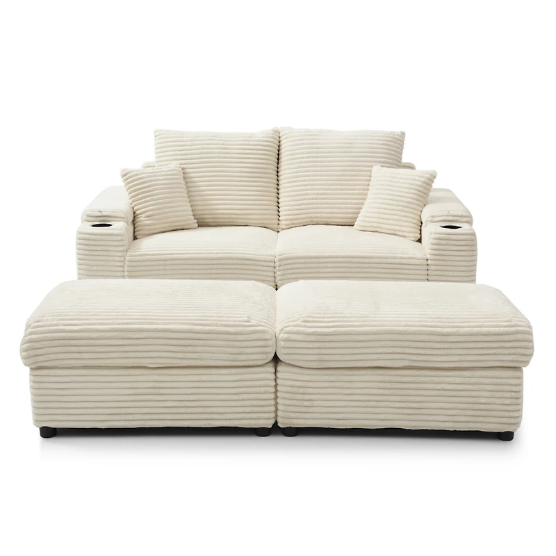 Streamdale Corduroy Modular Loveseat with Ottomans and Pillows