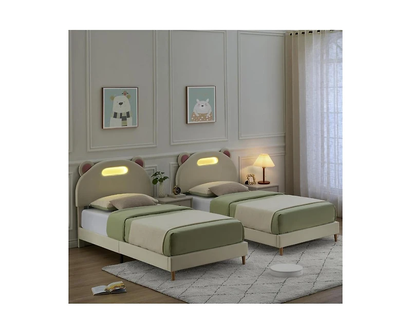 gaomon Led Twin Bed Frame with Light Pink Upholstered Adjustable Headboard, Velvet Platform, Wooden Slat Support, Noise-Free Construction, No Box Spri