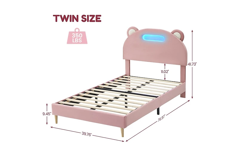 gaomon Led Twin Bed Frame with Light Pink Upholstered Adjustable Headboard, Velvet Platform, Wooden Slat Support, Noise-Free Construction, No Box Spri