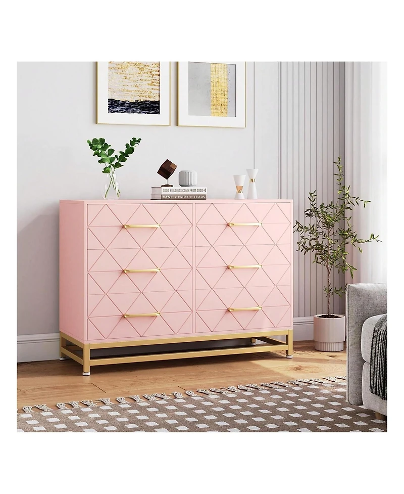 gaomon Dresser For Bedroom With 6 Drawer Double Dressers, Modern Wooden Chest, Beside Table Closet, Nursery, Living Room