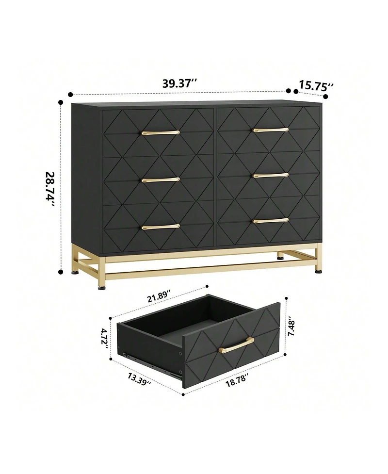 gaomon Dresser For Bedroom With 6 Drawer Double Dressers, Modern Wooden Dresser Chest, Beside Table For Closet, Nursery, Living Room