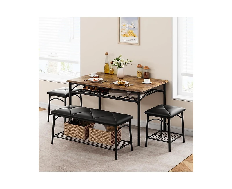 gaomon Dining Table with Benches, Kitchen Set for 4, Room Upholstered Bench and Square Stools, Metal Wood