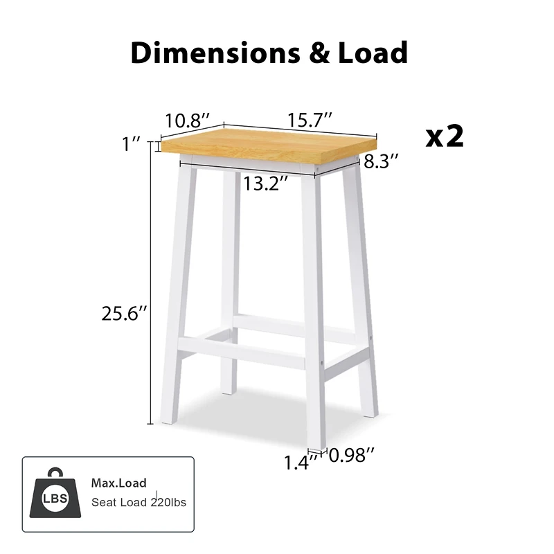 Streamdale Furniture Solid Wood Bar Stools, 25.6" Tall, Set of 2, Farmhouse Style