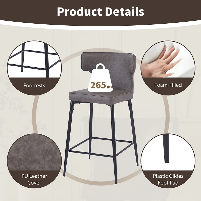 Streamdale Furniture 28inch Counter Height Bar Stools Set of 2, Modern Bar Upholstered Chairs with Pu Leather, Metal Footrest and Frame for Kitchen Is