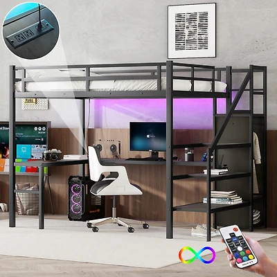 Streamdale Full Xl Loft Bed with L-Shaped Desk, Wardrobe, and Led