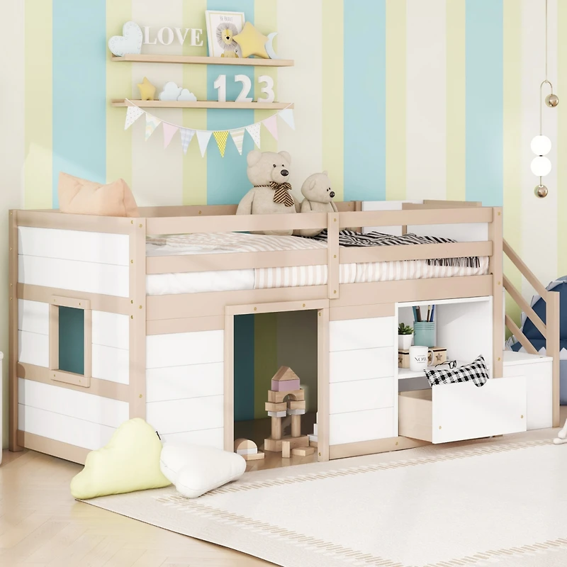 Streamdale Twin Low Loft Bed with Stair, Drawer, Shelf - Cream