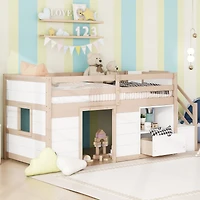 Streamdale Twin Low Loft Bed with Stair, Drawer, Shelf - Cream
