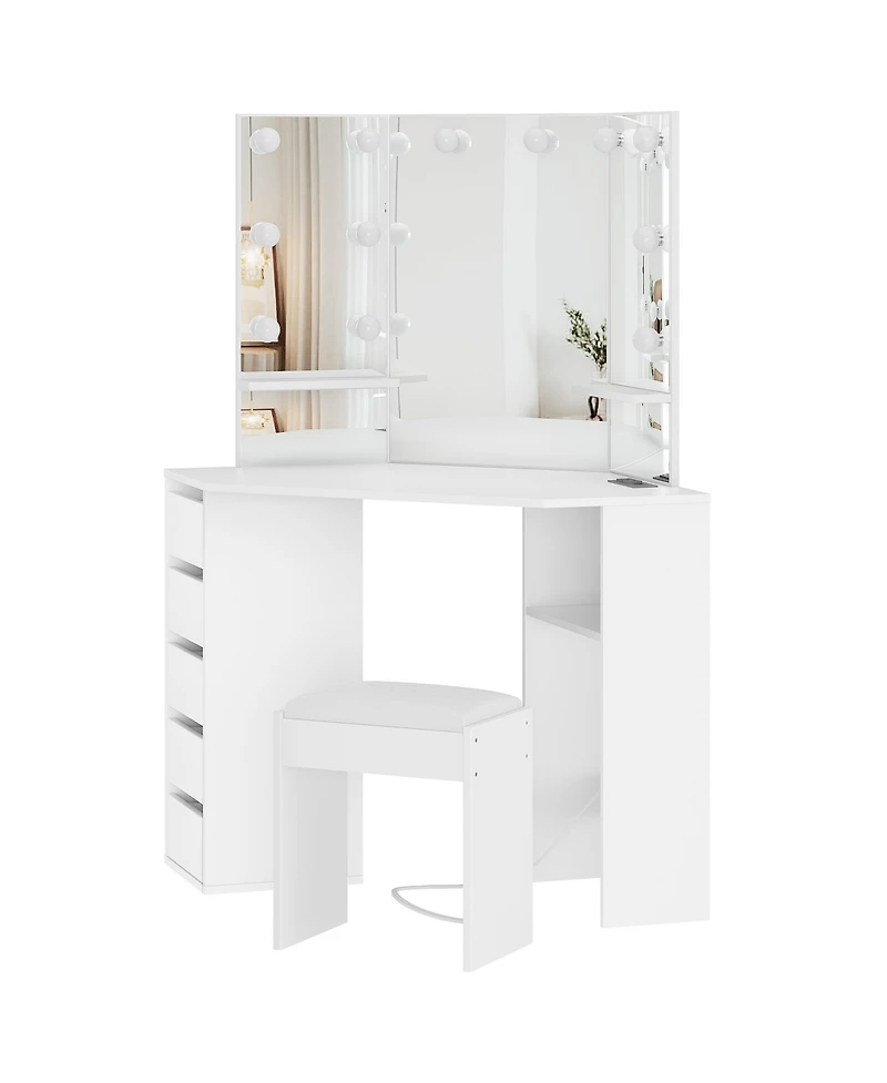 gaomon Table with Mirror Lamp,Dressing Table with Charging, 5 Drawers
