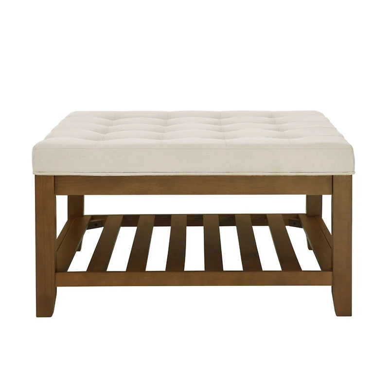 Streamdale Tufted Linen Ottoman with Wood Shelf and Frame