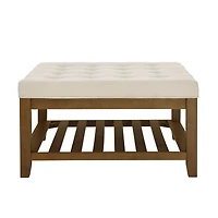 Streamdale Tufted Linen Ottoman with Wood Shelf and Frame