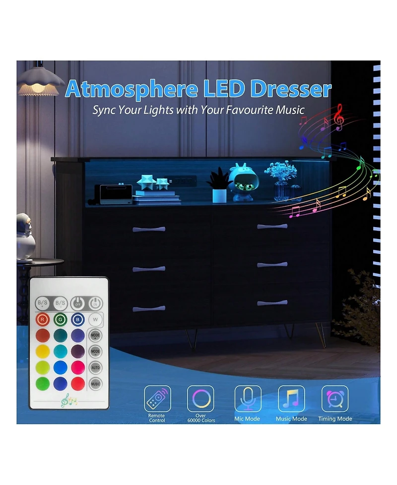 Dresser For Bedroom With Led Light & Charging Station, 6 Wooden Drawers Dressers With 2-Tier Open Shelves