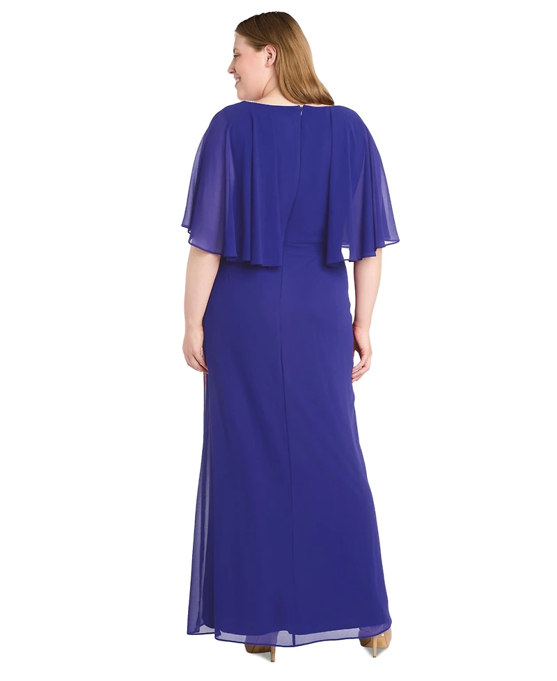 R & M Richards Plus Cape-Sleeve Embellished-Waist Gown