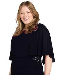 R & M Richards Plus Cape-Sleeve Embellished-Waist Gown