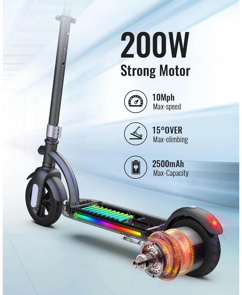 H40 Kids Electric Scooter with 180W Motor & Led Visible Display, 10 Mph, Colorful Lights, Adjustable Speed and Height, for Ages
