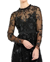 Mac Duggal Women's Sheer Long Sleeve Embellished Midi Dress
