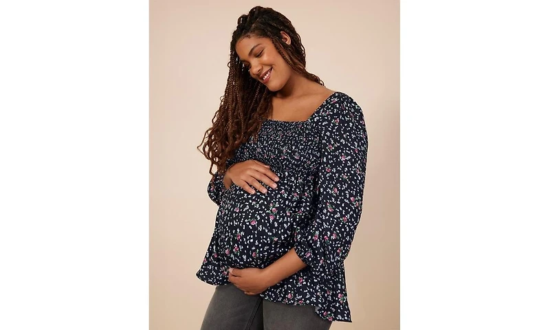 Motherhood Maternity Smocked Square Neck Long Sleeve Babydoll Top