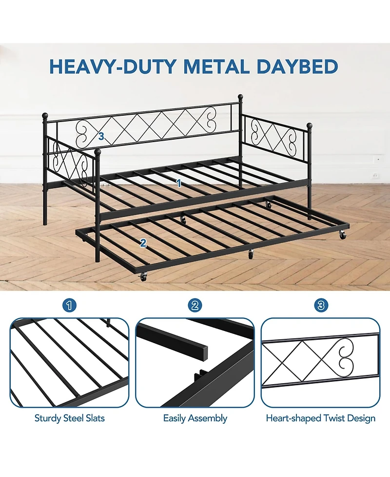 Twin Daybed with Pull-Out Trundle, Stylish Headboard and Metal Slats