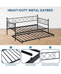 Twin Daybed with Pull-Out Trundle, Stylish Headboard and Metal Slats