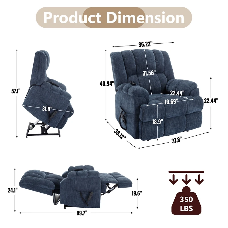 Dual Motor Heat Massage Infinite Position Up to 350 Lbs Electric Power Lift Recliners with Power-Remote