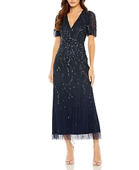 Mac Duggal Women's Beaded Wrap Over Butterfly Sleeve Column Dress