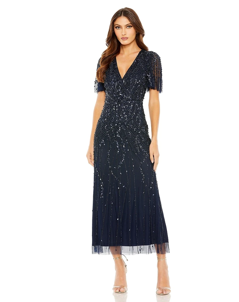 Mac Duggal Women's Beaded Wrap Over Butterfly Sleeve Column Dress