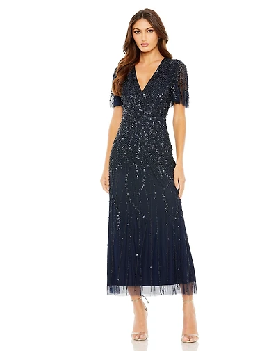 Mac Duggal Women's Beaded Wrap Over Butterfly Sleeve Column Dress