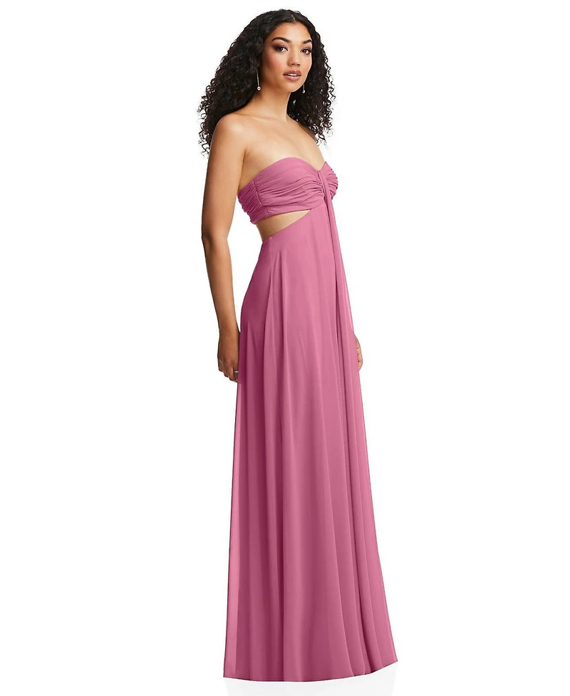 Dessy Collection Women's Strapless Empire Waist Cutout Maxi Dress with Covered Button Detail