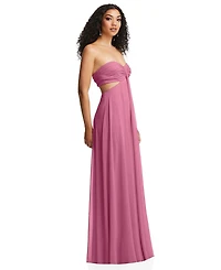 Dessy Collection Women's Strapless Empire Waist Cutout Maxi Dress with Covered Button Detail