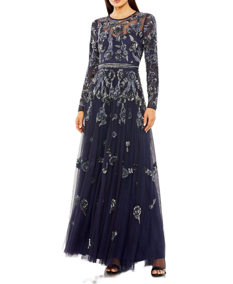 Mac Duggal Women's Long Sleeve High Neck Floral Beaded A-line Mesh Gown