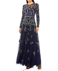 Mac Duggal Women's Long Sleeve High Neck Floral Beaded A-line Mesh Gown