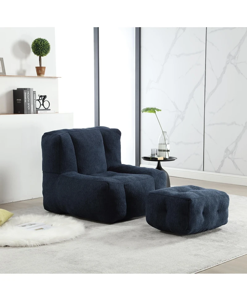 The Pop Home Fluffy Bean Bag Chair with Ottoman, Super Soft Lazy Sofa for Living Room-The