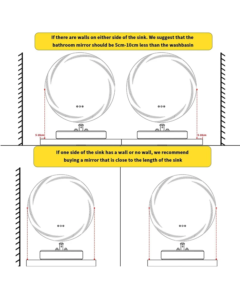 Wisfor Round Circle Lighted Bathroom Mirror Anti Fog Vanity Mirror Stepless Dimming