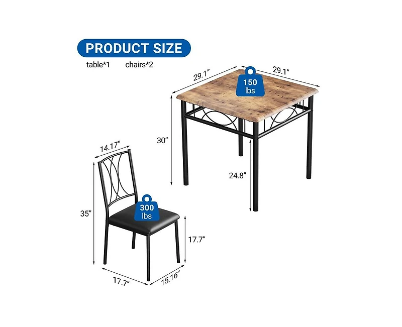 Dining Table Set for 2, Kitchen Table and Chairs for 2, Small Kitchen Table Set for 2, Square Kitchen Table Set with 2 Upholstered Chairs for Small Sp