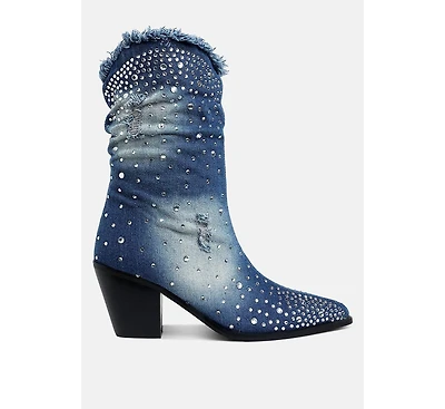Savant Diamante & Rhinestones Denim Boots