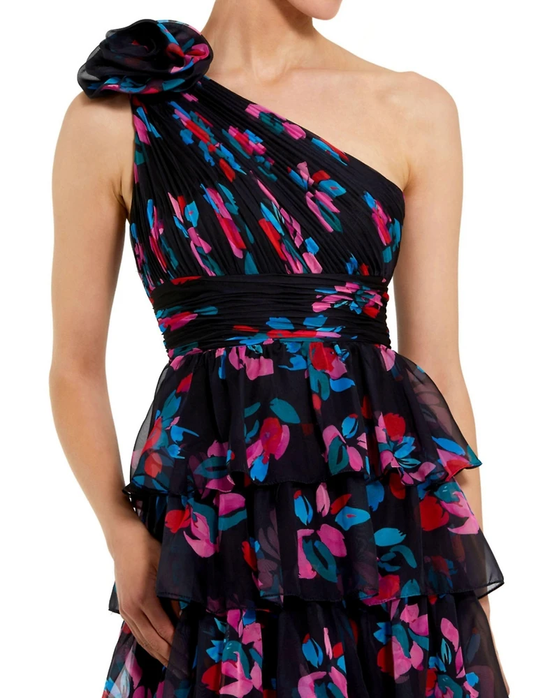 Mac Duggal Women's One Shoulder Printed Chiffon Tiered Ruffle Gown
