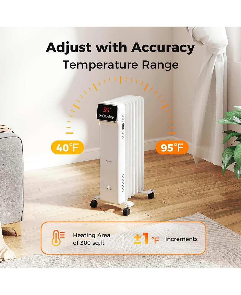 1500W Oil Filled Radiator Heater with Remote Control 3 Modes 24H Timer