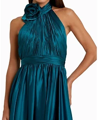 Mac Duggal Women's Pleated Charmeuse High Neck Sleeveless Midi Dress