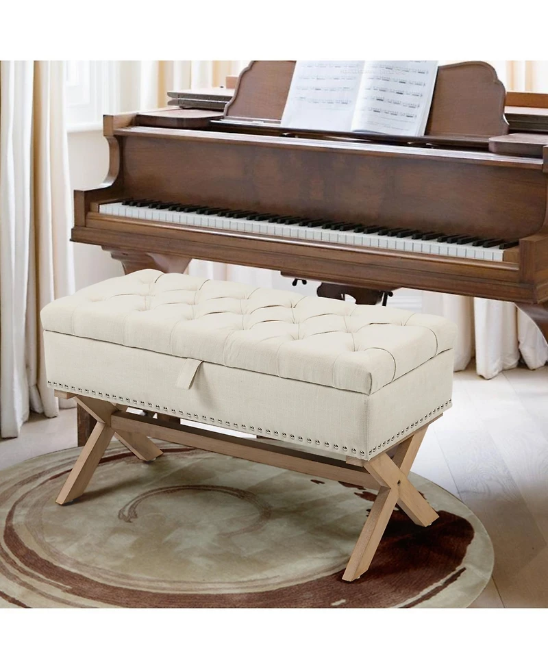 35 Inch Button-Tufted Storage Ottoman, Linen Storage Bench for End of Bed-The Pop Home