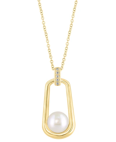 Effy Cultured Freshwater Pearl (8mm) & Diamond Accent Polished Oval 18" Pendant Necklace in 14k Gold