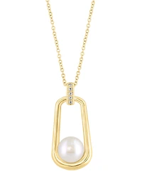Effy Cultured Freshwater Pearl (8mm) & Diamond Accent Polished Oval 18" Pendant Necklace in 14k Gold