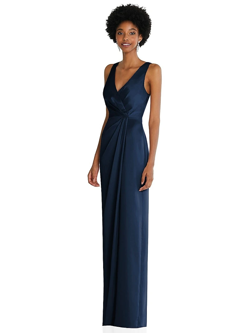 After Six Women's Faux Wrap Whisper Satin Maxi Dress with Draped Tulip Skirt