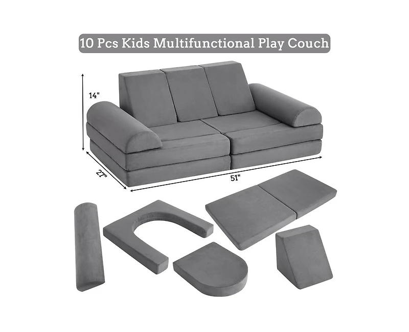 gaomon 10PCS Modular Kids Play Couch, Kids Couch for Playroom Kids Modular Couch, Convertible Foam Couch Kids Play Set for Creative Play