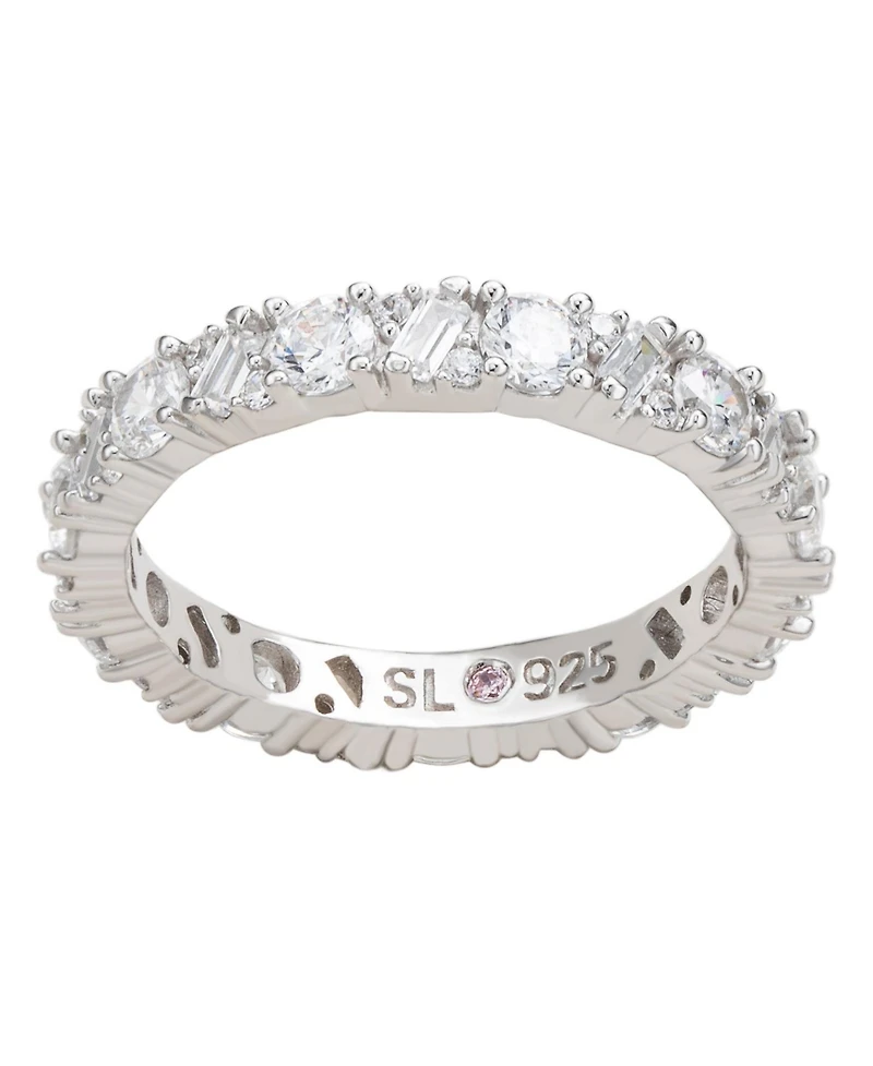 Suzy Levian Sterling Silver Cubic Zirconia Round Baguette Cluster Eternity Band