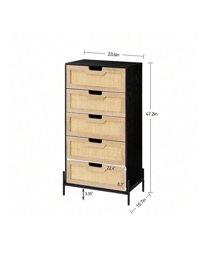 Modern Rattan 5 Drawers Dresser, Double Dresser For Bedroom